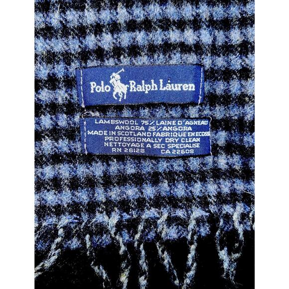 Polo Ralph Lauren Lambswool Angora Scarf Blue Black Check Rectangular Scotland - Picture 1 of 4